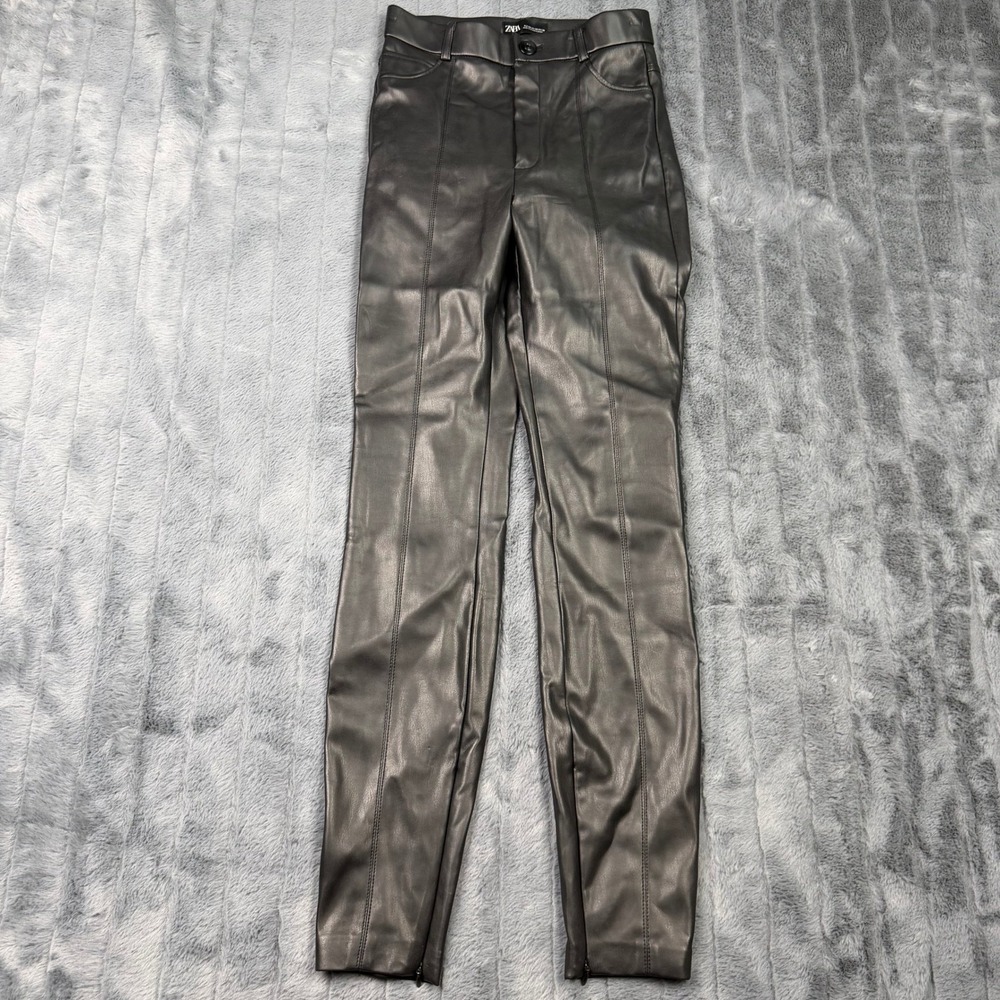 Zara Faux Leather High Rise Skinny Pants Black Seam Detail Ankle Zip Women XS